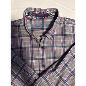 Alan Flasser Plaid Button Down Shirt Long Sleeve Paisley Trim Casual